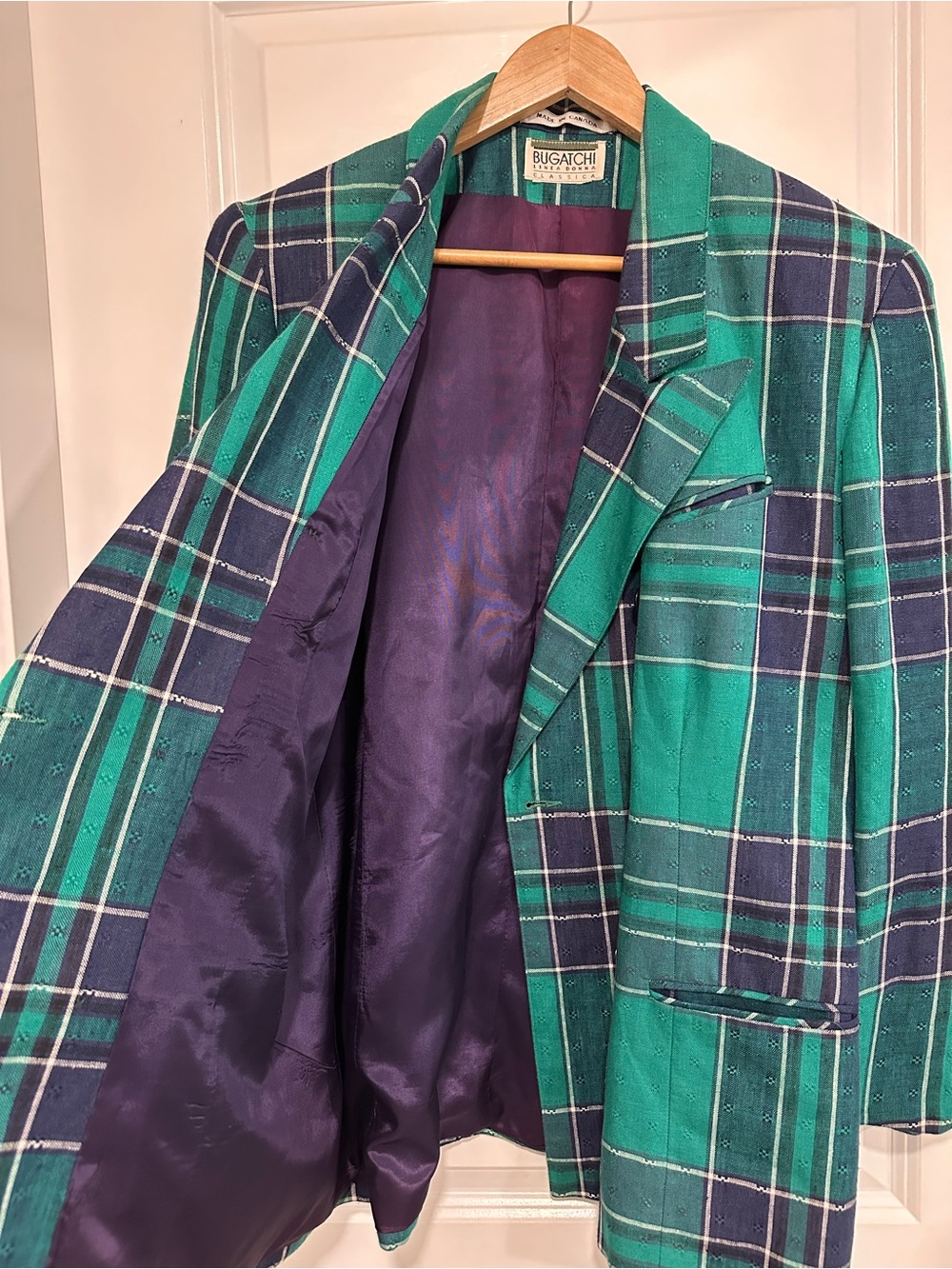 Bugatchi Linea Donna Vintage VTG Women’s Green & Navy Plaid 90s Blazer Oversized - Picture 6 of 12